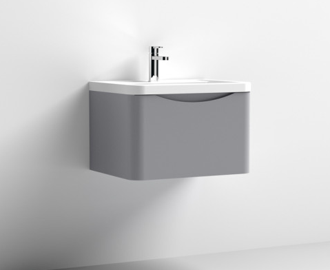 Nuie Lunar Satin Grey 600mm Wall Hung 1 Drawer Vanity Unit & Polymarble Basin